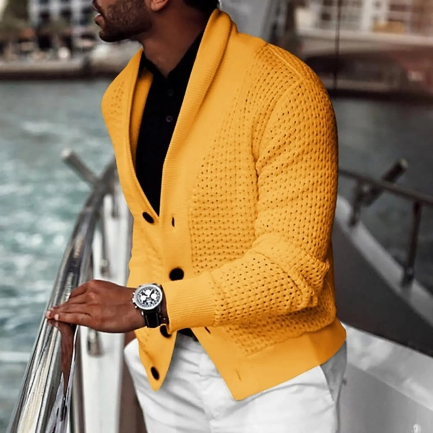 Men Shawl Collar Cardigan Sweater Button Down Cable Knitted Sweater Long Sleeve Jumper Slim Fit Knitwear Casual Jacket