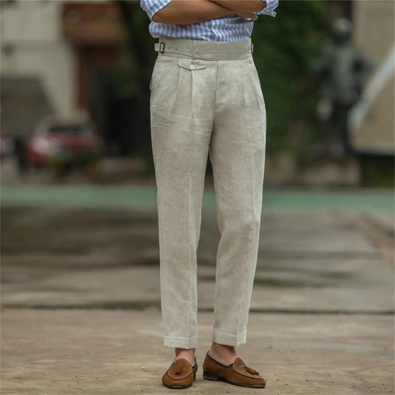 Men's Casual Linen Pant Modern Fit Hemmed Pant Summer Beach Loose Trousers