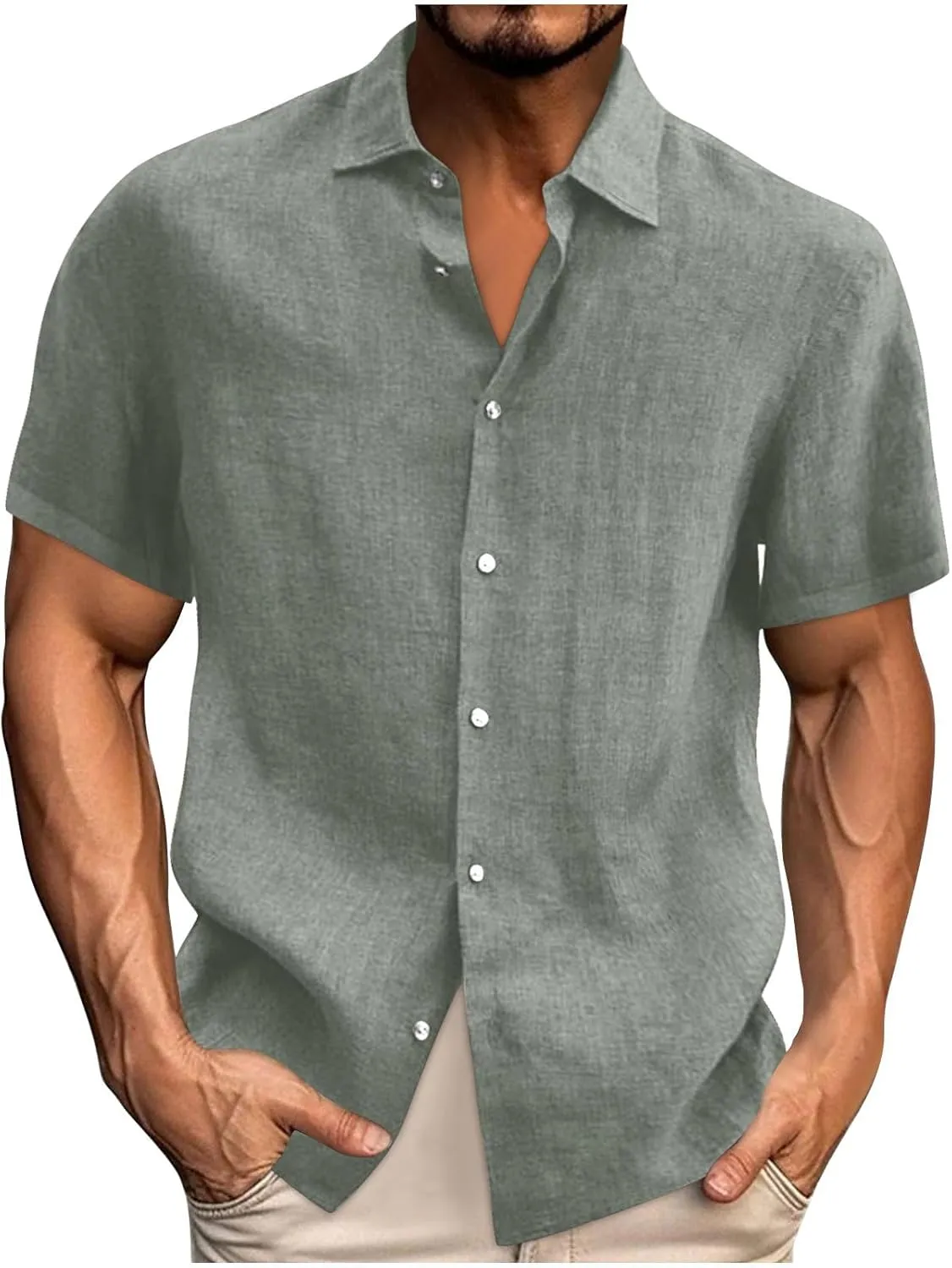Men's Cotton Linen Short Sleeve Shirts Guayabera Linen Polo Tee for Men Button Down Summer Beach Vacation Blouses