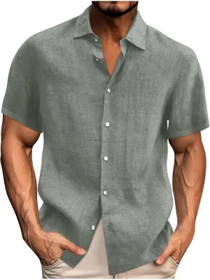 Men's Cotton Linen Short Sleeve Shirts Guayabera Linen Polo Tee for Men Button Down Summer Beach Vacation Blouses