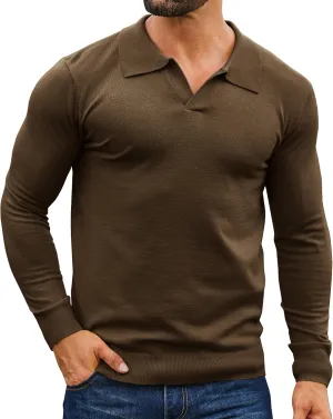 Mens Knit Polo Shirts Casual V Neck Slim Fit Polo Shirts Long Sleeve Wool Knit Pullover Sweater