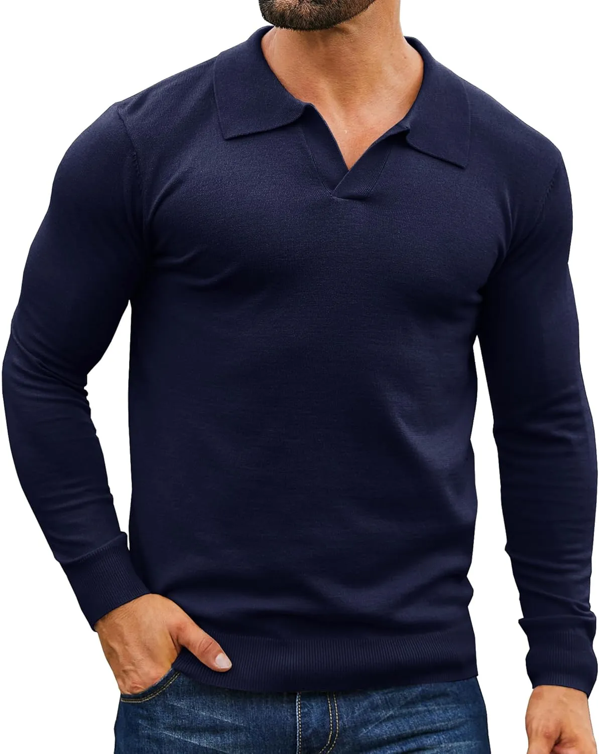 Mens Knit Polo Shirts Casual V Neck Slim Fit Polo Shirts Long Sleeve Wool Knit Pullover Sweater