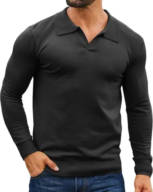 Mens Knit Polo Shirts Casual V Neck Slim Fit Polo Shirts Long Sleeve Wool Knit Pullover Sweater