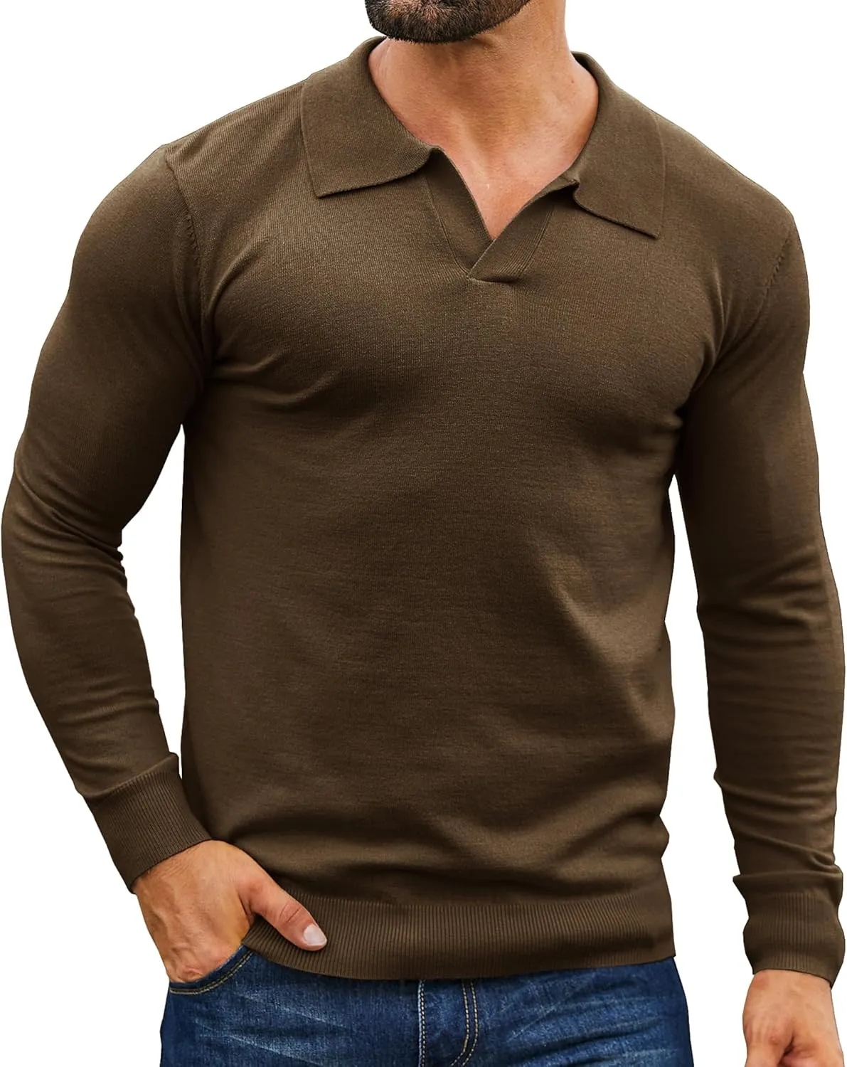 Mens Knit Polo Shirts Casual V Neck Slim Fit Polo Shirts Long Sleeve Wool Knit Pullover Sweater