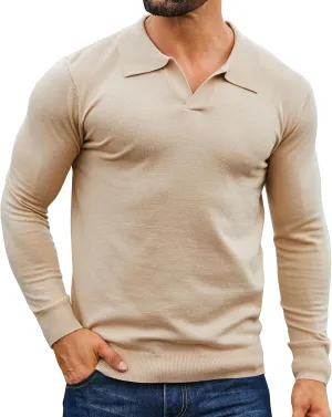 Mens Knit Polo Shirts Casual V Neck Slim Fit Polo Shirts Long Sleeve Wool Knit Pullover Sweater