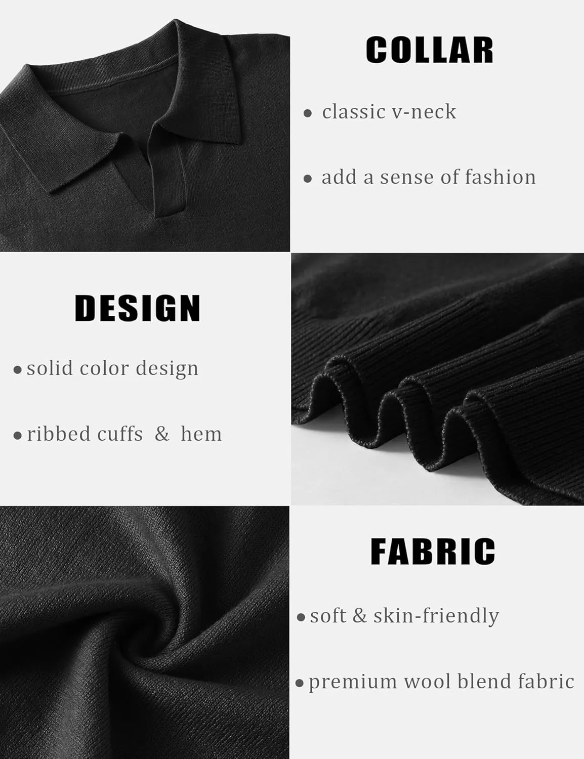 Mens Knit Polo Shirts Casual V Neck Slim Fit Polo Shirts Long Sleeve Wool Knit Pullover Sweater