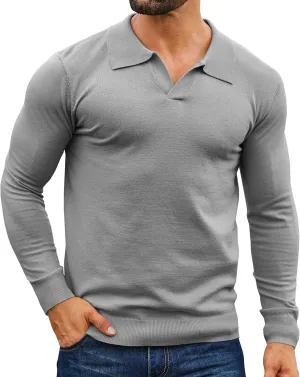 Mens Knit Polo Shirts Casual V Neck Slim Fit Polo Shirts Long Sleeve Wool Knit Pullover Sweater