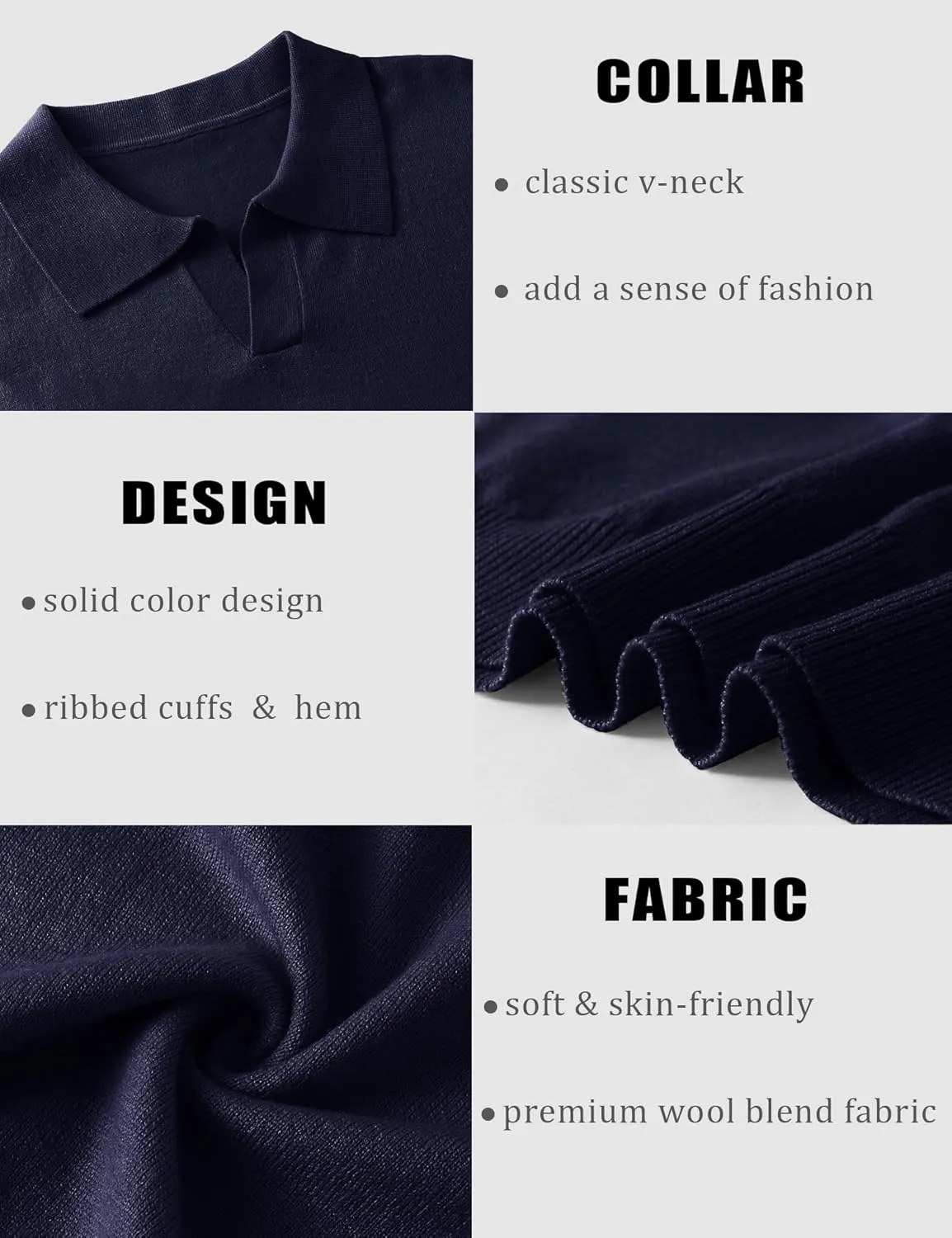 Mens Knit Polo Shirts Casual V Neck Slim Fit Polo Shirts Long Sleeve Wool Knit Pullover Sweater