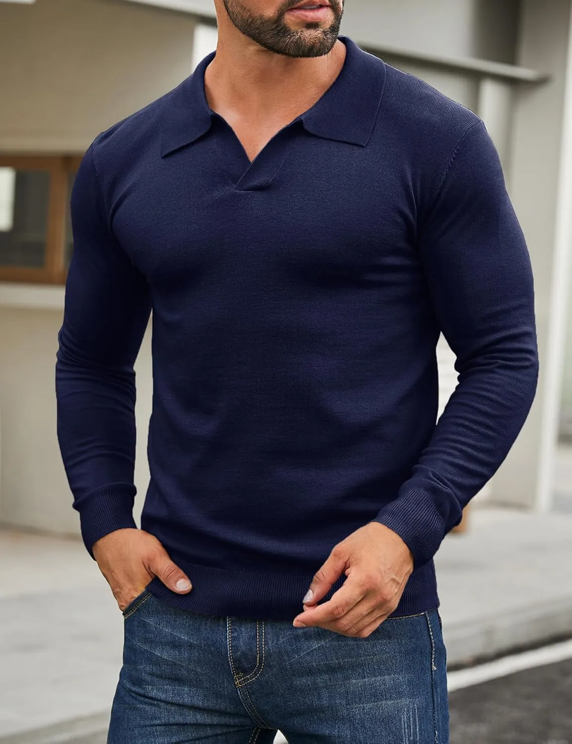 Mens Knit Polo Shirts Casual V Neck Slim Fit Polo Shirts Long Sleeve Wool Knit Pullover Sweater