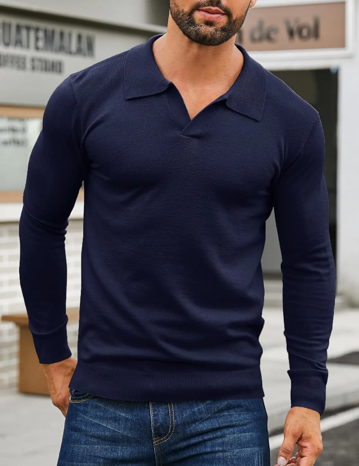 Mens Knit Polo Shirts Casual V Neck Slim Fit Polo Shirts Long Sleeve Wool Knit Pullover Sweater