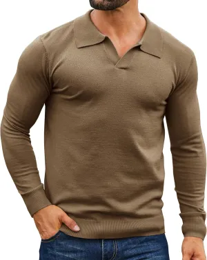 Mens Knit Polo Shirts Casual V Neck Slim Fit Polo Shirts Long Sleeve Wool Knit Pullover Sweater