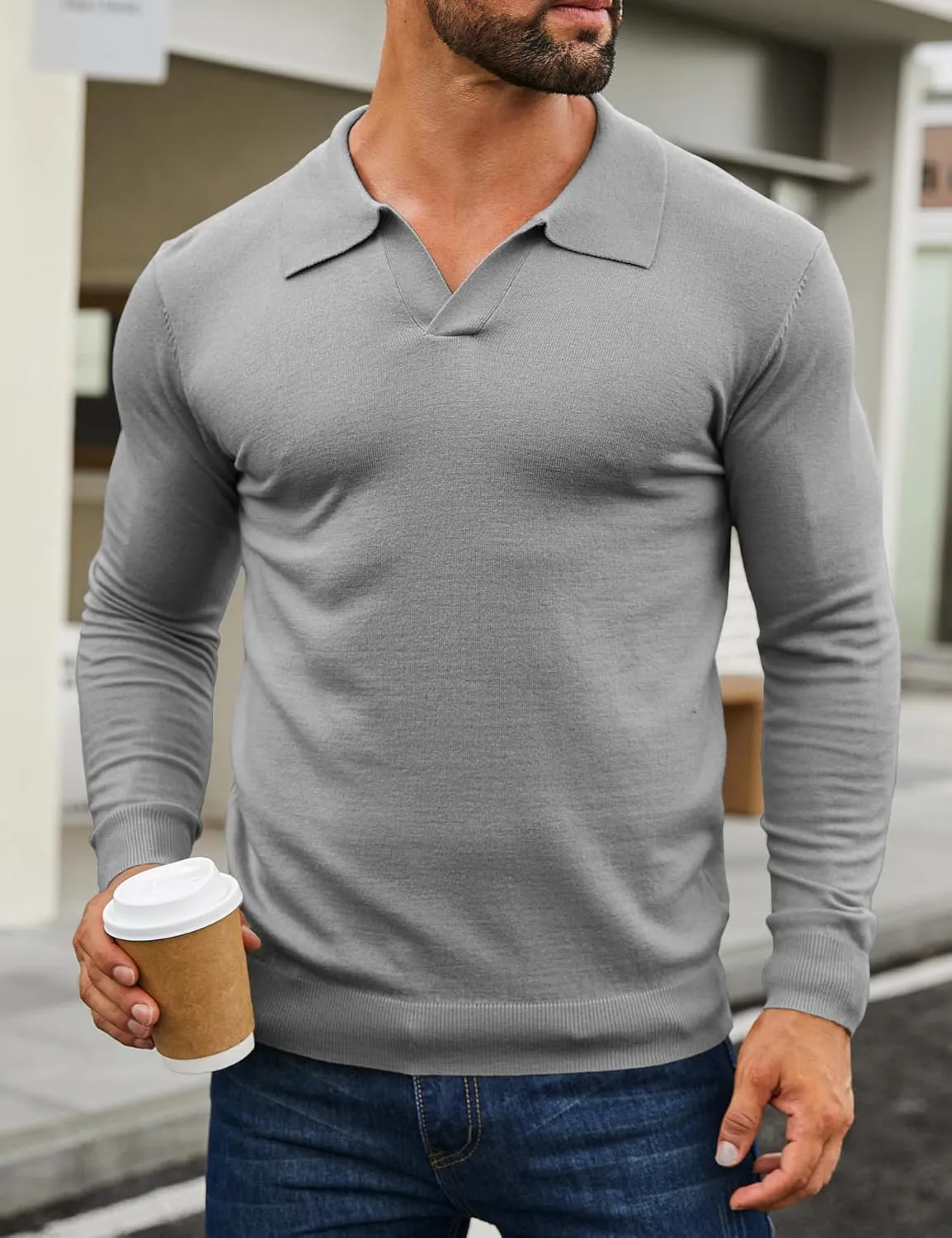 Mens Knit Polo Shirts Casual V Neck Slim Fit Polo Shirts Long Sleeve Wool Knit Pullover Sweater