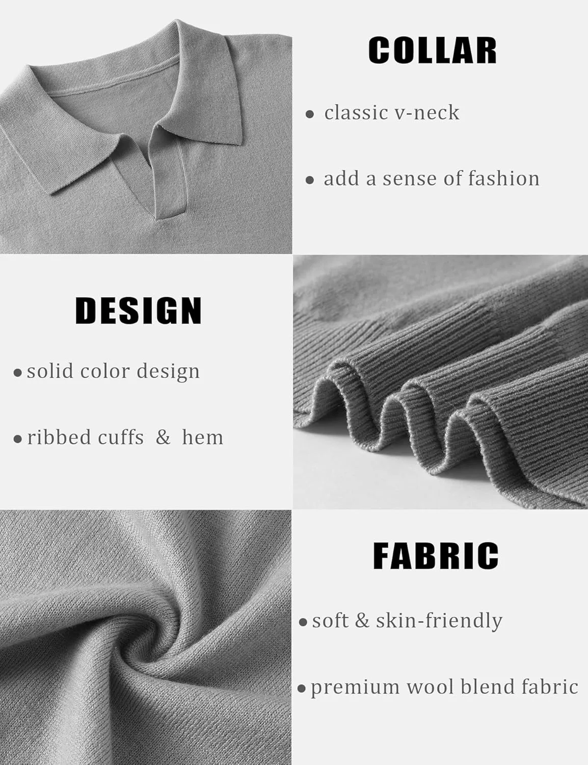 Mens Knit Polo Shirts Casual V Neck Slim Fit Polo Shirts Long Sleeve Wool Knit Pullover Sweater