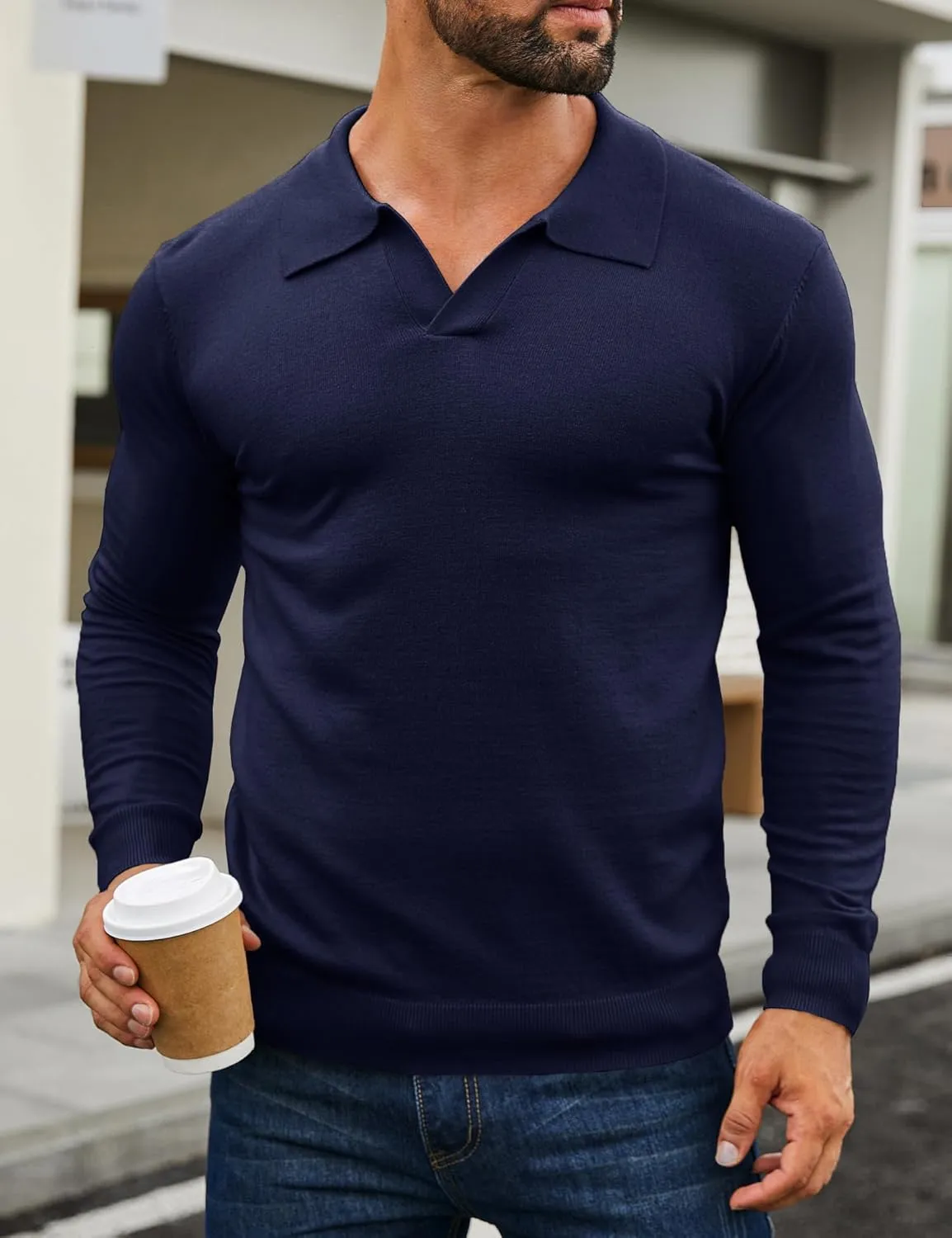 Mens Knit Polo Shirts Casual V Neck Slim Fit Polo Shirts Long Sleeve Wool Knit Pullover Sweater