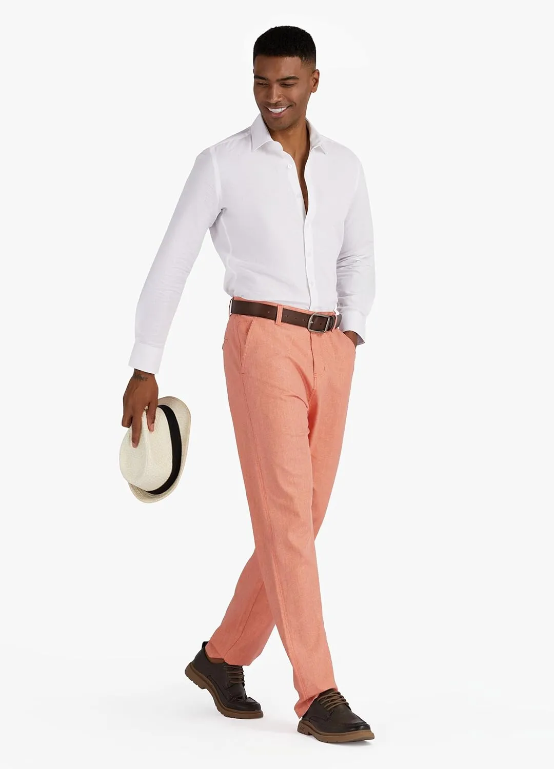 Men's Linen Cotton Flat Front Regular Fit Dress Pants Solid Lightweight Trousers