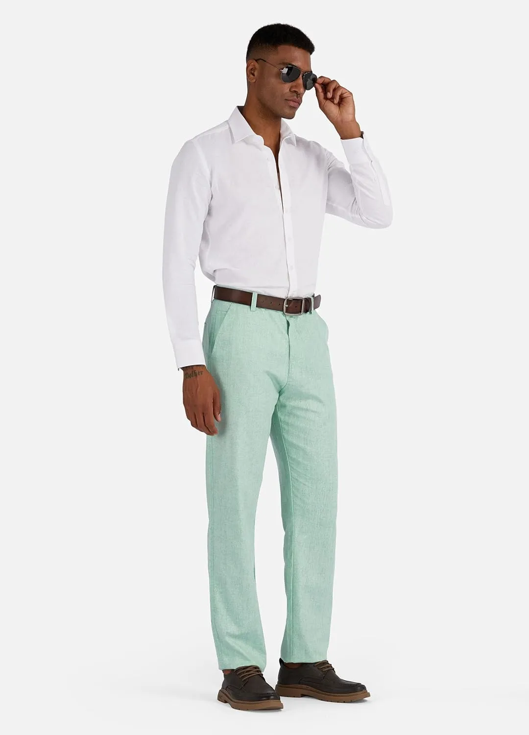 Men's Linen Cotton Flat Front Regular Fit Dress Pants Solid Lightweight Trousers