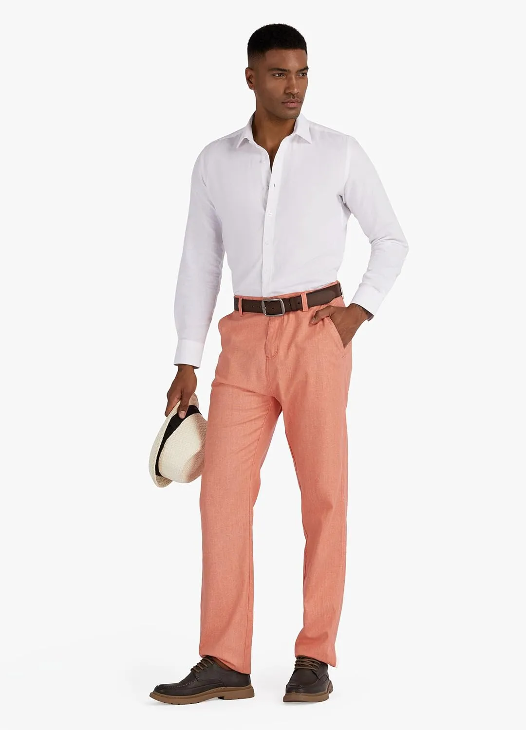 Men's Linen Cotton Flat Front Regular Fit Dress Pants Solid Lightweight Trousers