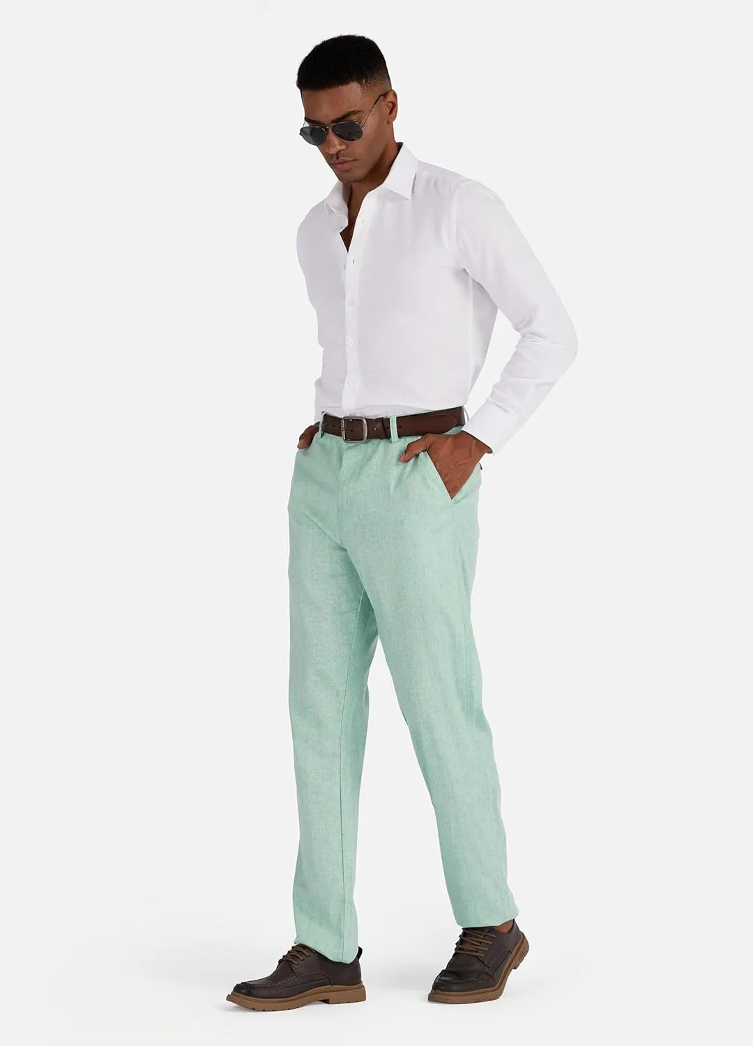Men's Linen Cotton Flat Front Regular Fit Dress Pants Solid Lightweight Trousers