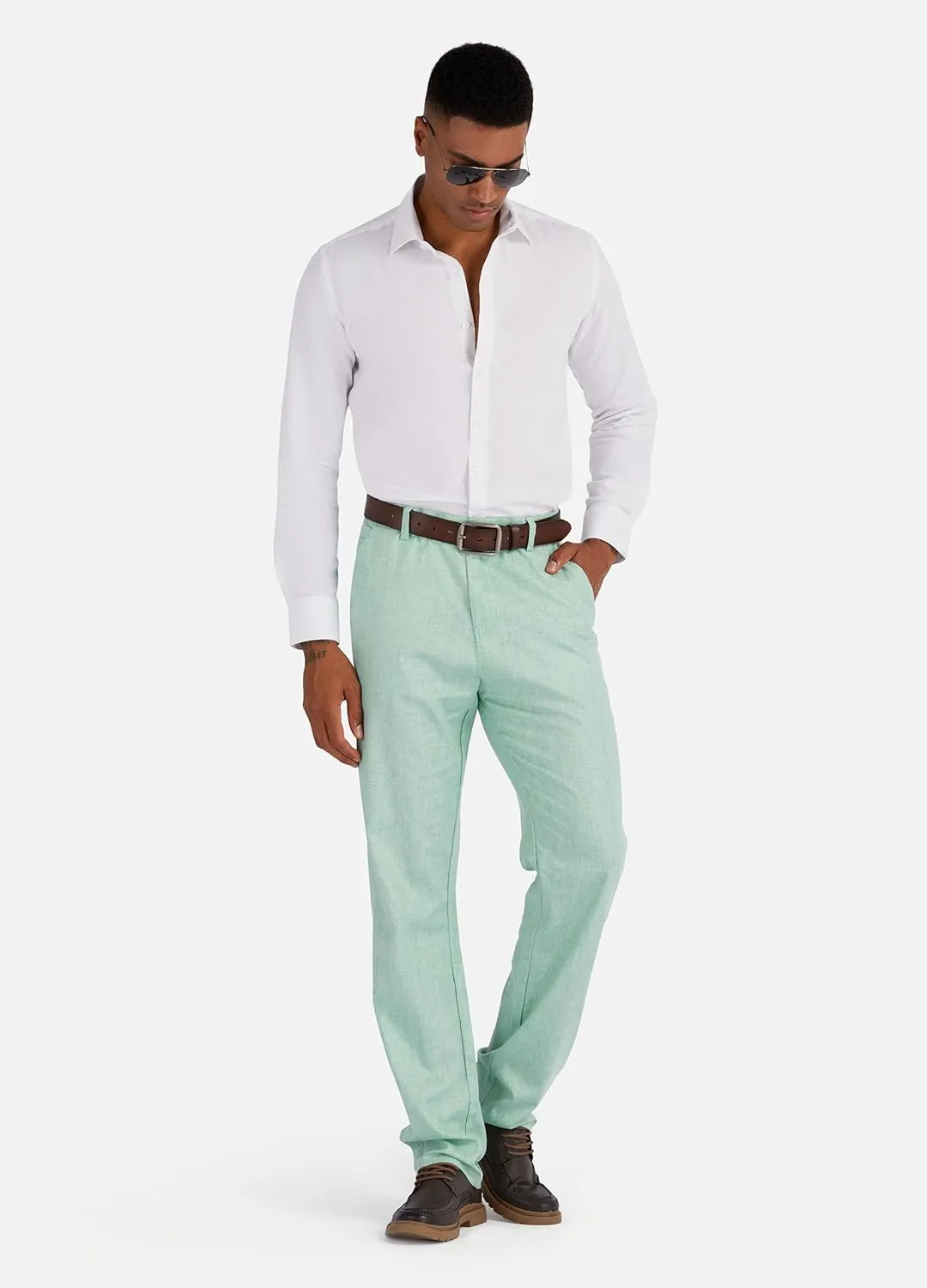 Men's Linen Cotton Flat Front Regular Fit Dress Pants Solid Lightweight Trousers