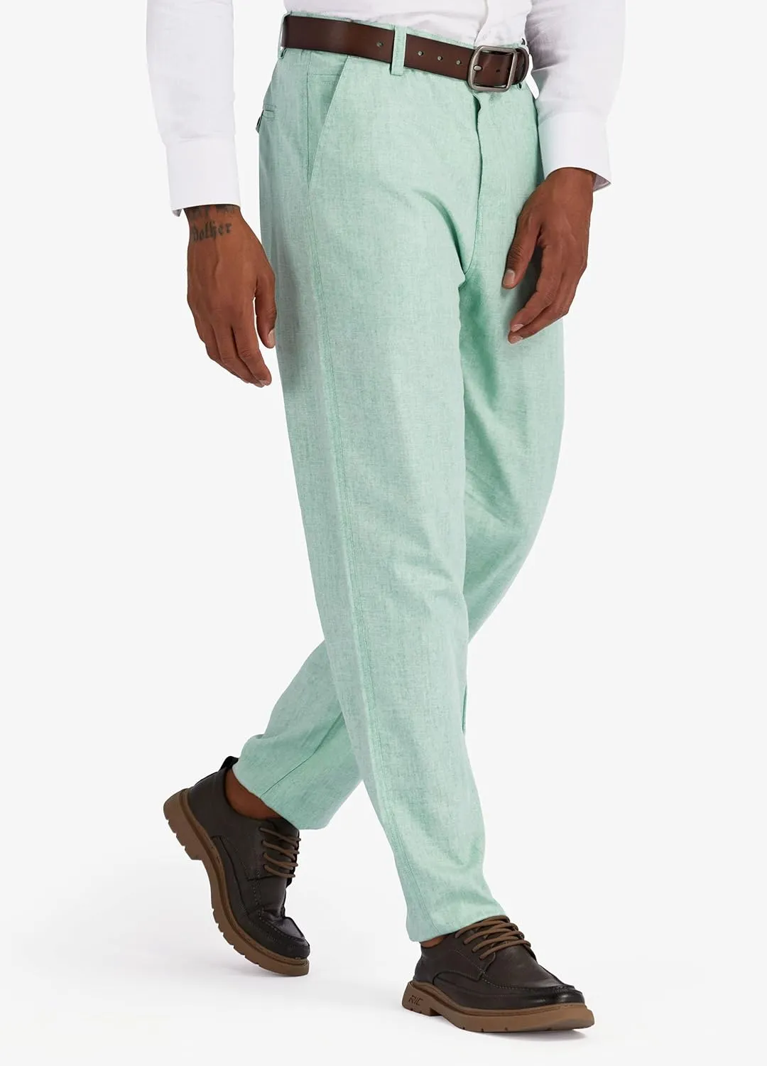 Men's Linen Cotton Flat Front Regular Fit Dress Pants Solid Lightweight Trousers