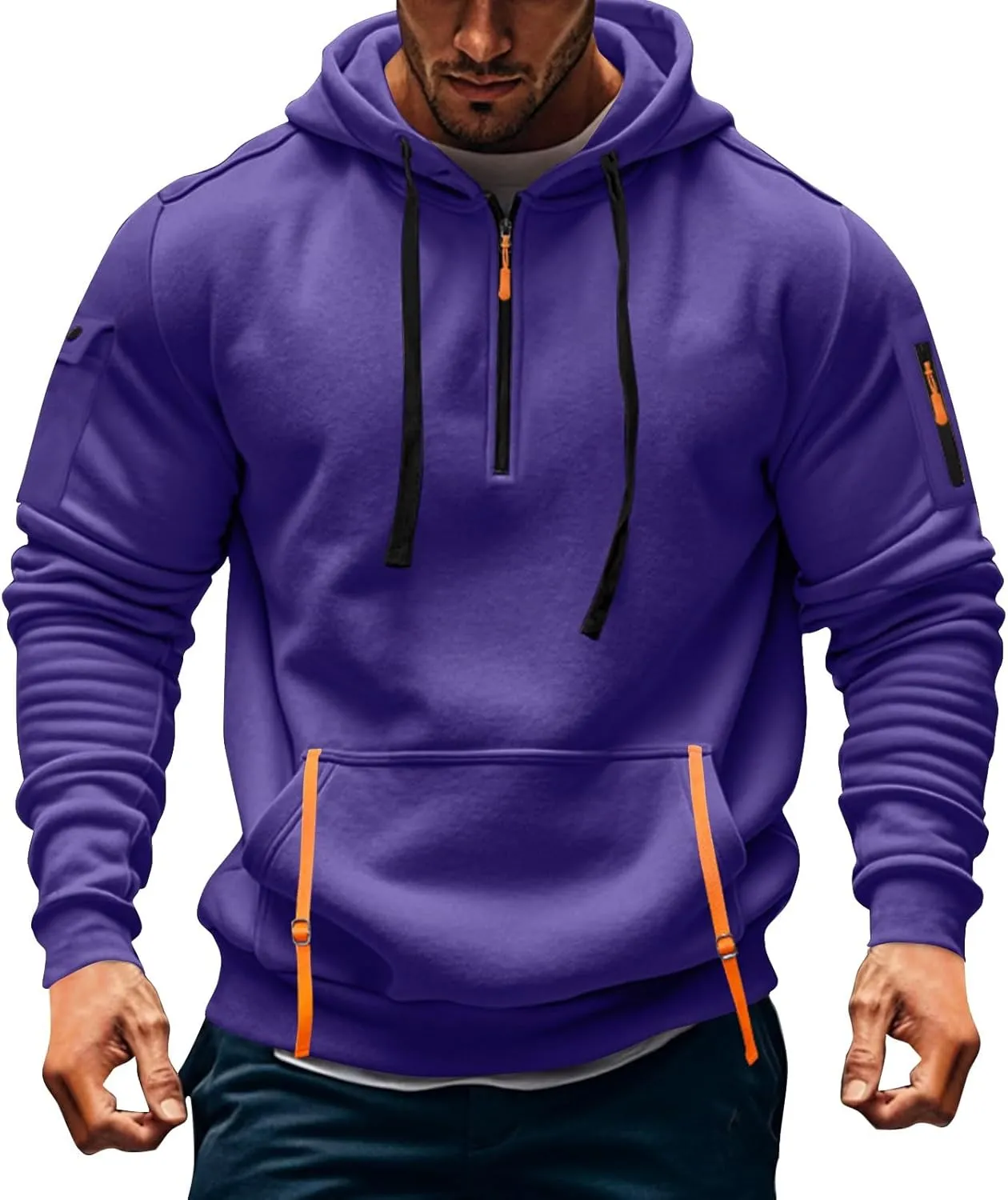 Mens Long Sleeve Quarter Zip Hoodies Print Tactical Pullover Hoodie Oversized Casual Hooded Sweatshirt with Pockets