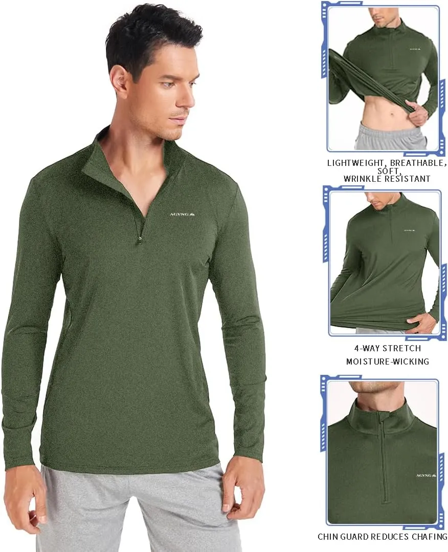 Mens Long Sleeve Sun Protection T Shirt UPF 50  Tee 1/4 Zip Lightweight Workout Quarter Zip Pullover Golf Running Tops