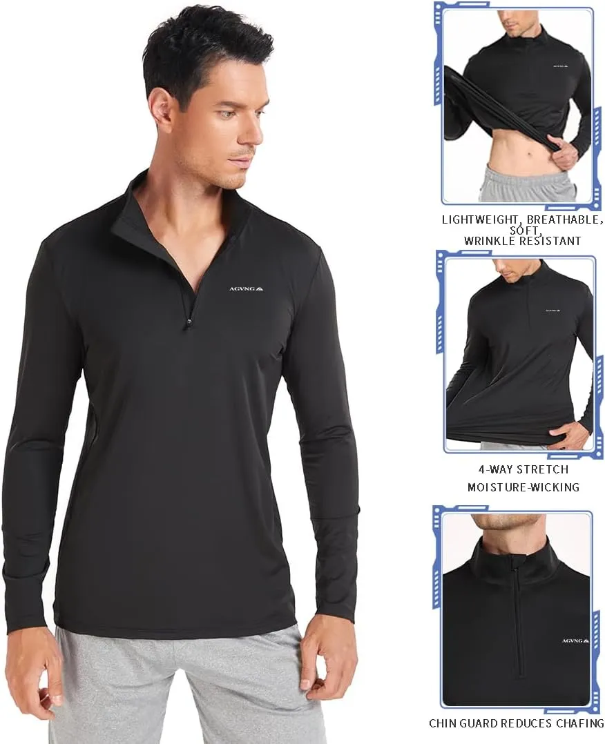 Mens Long Sleeve Sun Protection T Shirt UPF 50  Tee 1/4 Zip Lightweight Workout Quarter Zip Pullover Golf Running Tops