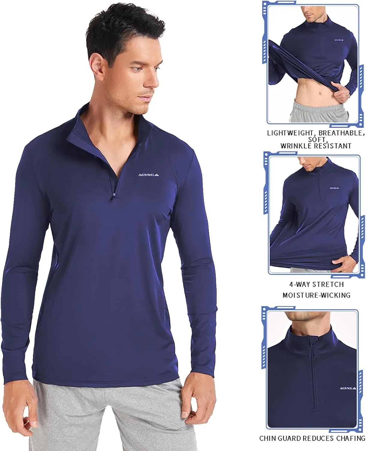 Mens Long Sleeve Sun Protection T Shirt UPF 50  Tee 1/4 Zip Lightweight Workout Quarter Zip Pullover Golf Running Tops