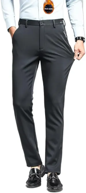 Men's Straight Leg Dress Pants Modern-fit Dress Pants Classic Elastic Waist Solid Color Business Formal Pants Trousers (US, Waist, 30, Regular, Modern Grey-Thickened)
