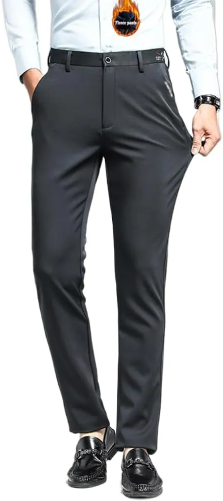 Men's Straight Leg Dress Pants Modern-fit Dress Pants Classic Elastic Waist Solid Color Business Formal Pants Trousers (US, Waist, 30, Regular, Modern Grey-Thickened)