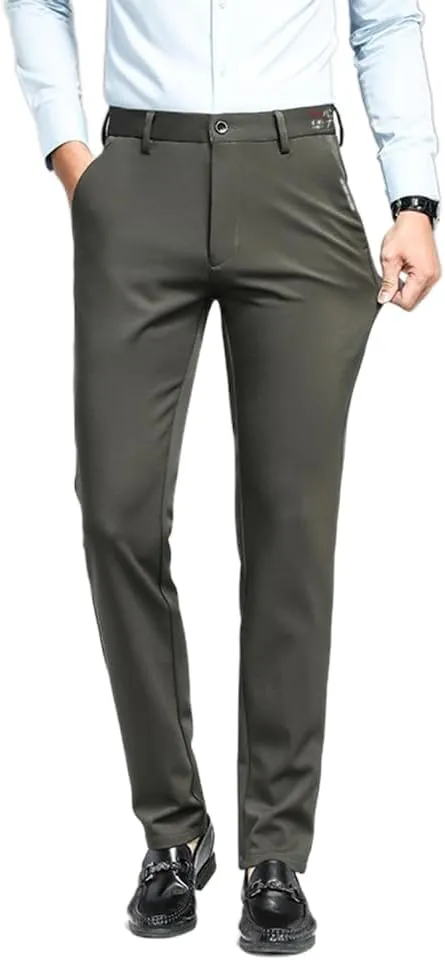 Men's Straight Leg Dress Pants Modern-fit Dress Pants Classic Elastic Waist Solid Color Business Formal Pants Trousers (US, Waist, 32, Regular, Modern Khaki Green)