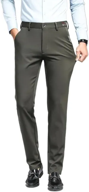 Men's Straight Leg Dress Pants Modern-fit Dress Pants Classic Elastic Waist Solid Color Business Formal Pants Trousers (US, Waist, 32, Regular, Modern Khaki Green)