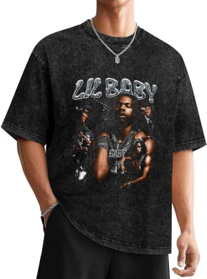 Men's Women's Graphic T-Shirts Lil Music Baby Shirt Oversized Tees Short Sleeve Vintage Washed Tshirt Unisex Streetwear Graffiti Tops