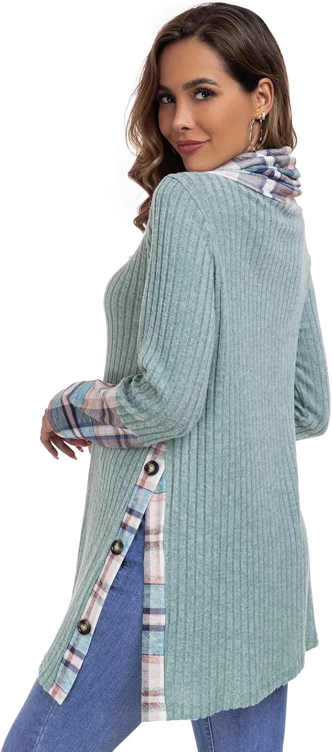 Miusey Women's Cowl Neck Tunic Sweaters Long Sleeve Shirts Lightweight Pullover Sweatshirts Side Split Tunic Tops