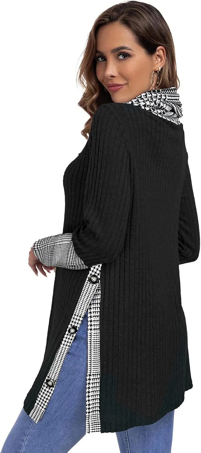 Miusey Women's Cowl Neck Tunic Sweaters Long Sleeve Shirts Lightweight Pullover Sweatshirts Side Split Tunic Tops