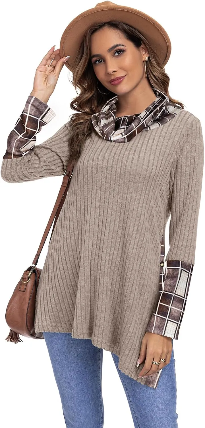 Miusey Women's Cowl Neck Tunic Sweaters Long Sleeve Shirts Lightweight Pullover Sweatshirts Side Split Tunic Tops