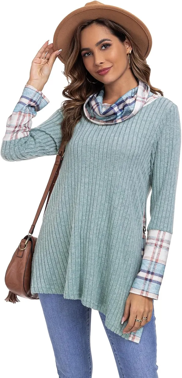 Miusey Women's Cowl Neck Tunic Sweaters Long Sleeve Shirts Lightweight Pullover Sweatshirts Side Split Tunic Tops