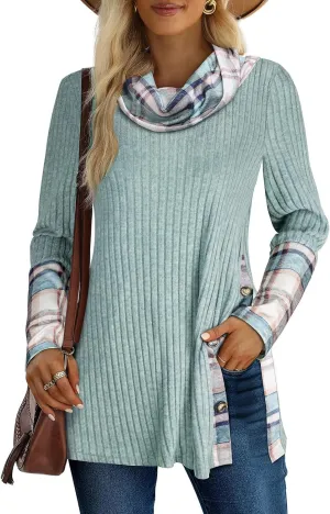 Miusey Women's Cowl Neck Tunic Sweaters Long Sleeve Shirts Lightweight Pullover Sweatshirts Side Split Tunic Tops