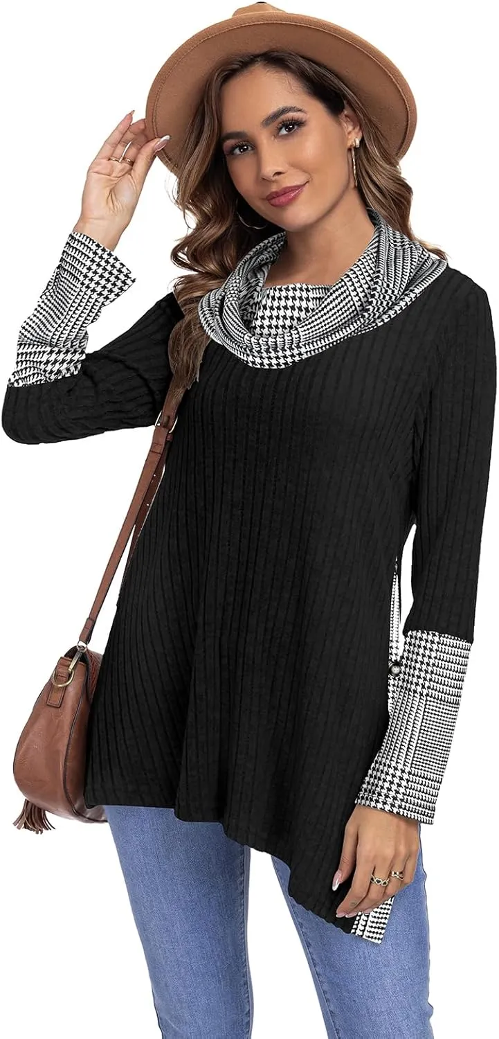 Miusey Women's Cowl Neck Tunic Sweaters Long Sleeve Shirts Lightweight Pullover Sweatshirts Side Split Tunic Tops