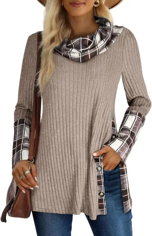 Miusey Women's Cowl Neck Tunic Sweaters Long Sleeve Shirts Lightweight Pullover Sweatshirts Side Split Tunic Tops