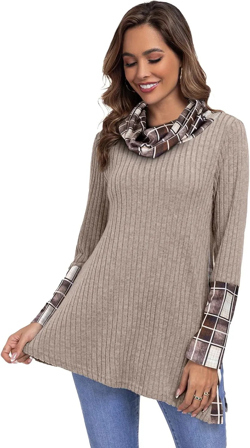 Miusey Women's Cowl Neck Tunic Sweaters Long Sleeve Shirts Lightweight Pullover Sweatshirts Side Split Tunic Tops