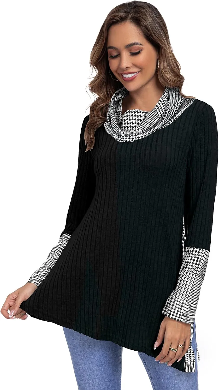 Miusey Women's Cowl Neck Tunic Sweaters Long Sleeve Shirts Lightweight Pullover Sweatshirts Side Split Tunic Tops