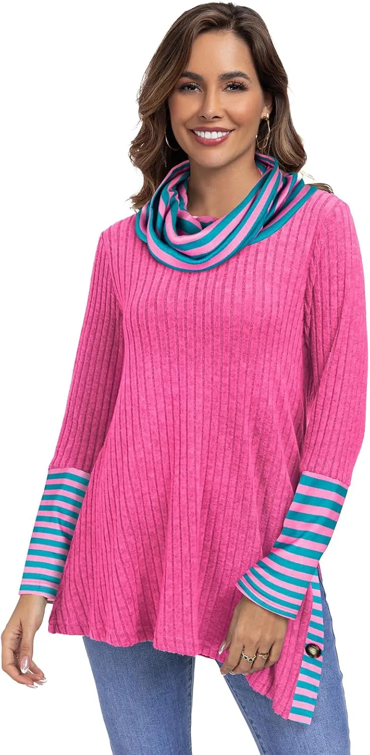 Miusey Women's Cowl Neck Tunic Sweaters Long Sleeve Shirts Lightweight Pullover Sweatshirts Side Split Tunic Tops