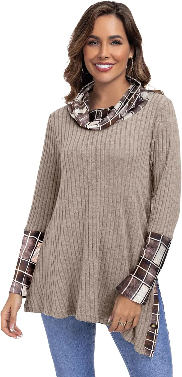 Miusey Women's Cowl Neck Tunic Sweaters Long Sleeve Shirts Lightweight Pullover Sweatshirts Side Split Tunic Tops