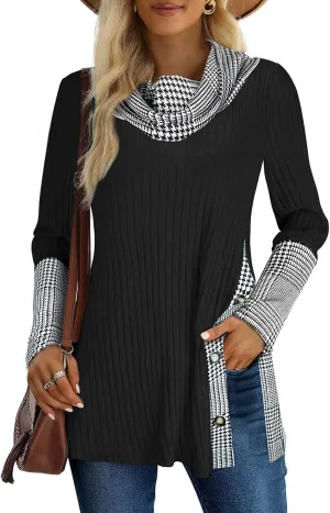 Miusey Women's Cowl Neck Tunic Sweaters Long Sleeve Shirts Lightweight Pullover Sweatshirts Side Split Tunic Tops