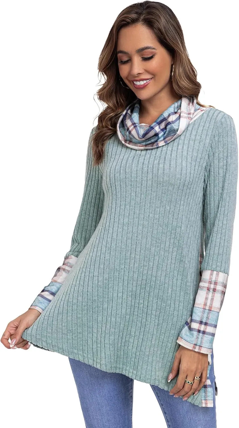 Miusey Women's Cowl Neck Tunic Sweaters Long Sleeve Shirts Lightweight Pullover Sweatshirts Side Split Tunic Tops