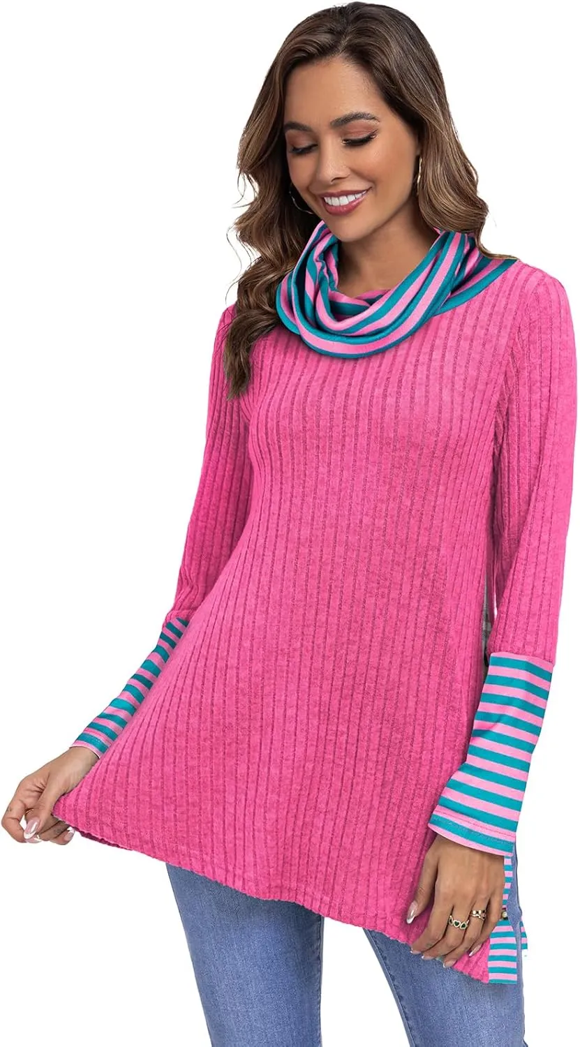 Miusey Women's Cowl Neck Tunic Sweaters Long Sleeve Shirts Lightweight Pullover Sweatshirts Side Split Tunic Tops