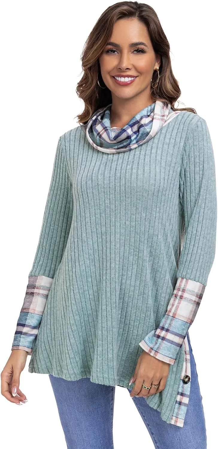 Miusey Women's Cowl Neck Tunic Sweaters Long Sleeve Shirts Lightweight Pullover Sweatshirts Side Split Tunic Tops