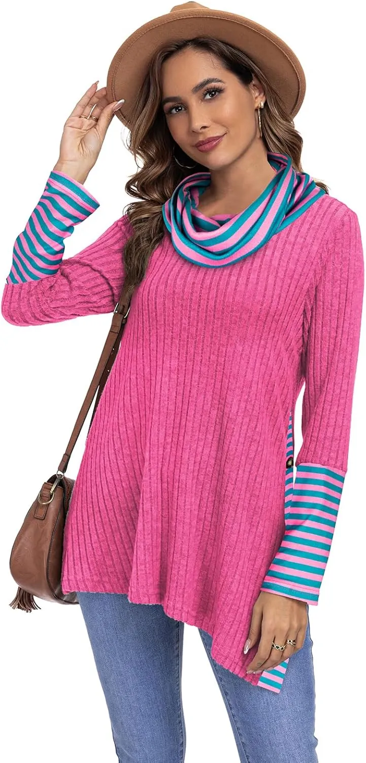 Miusey Women's Cowl Neck Tunic Sweaters Long Sleeve Shirts Lightweight Pullover Sweatshirts Side Split Tunic Tops