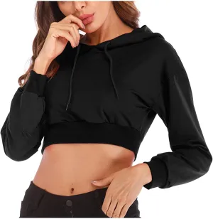 NATHGAM Womens Cropped Hoodie Fleece Casual Long Sleeve Pullover Hood Sweatshirt Drawstring Cute Workout Ribbed Hem Crop Tops